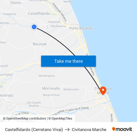 Castelfidardo (Cerretano Vivai) to Civitanova Marche map