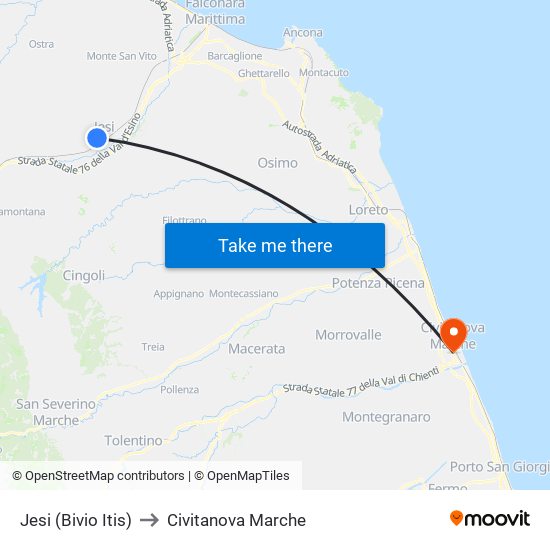 Jesi (Bivio Itis) to Civitanova Marche map