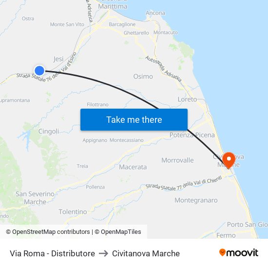 Via Roma - Distributore to Civitanova Marche map