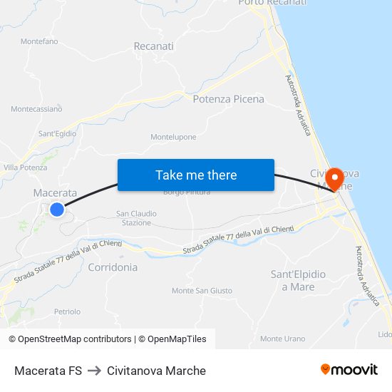 Macerata FS to Civitanova Marche map