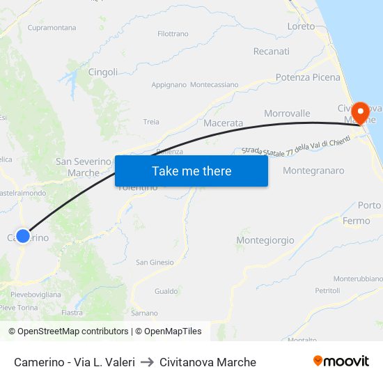 Camerino - Via L. Valeri to Civitanova Marche map