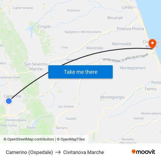 Camerino (Ospedale) to Civitanova Marche map