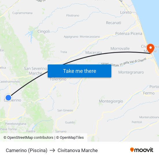 Camerino (Piscina) to Civitanova Marche map