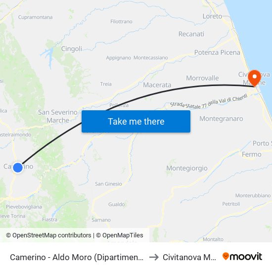 Camerino - Aldo Moro (Dipartimenti Unicam) to Civitanova Marche map