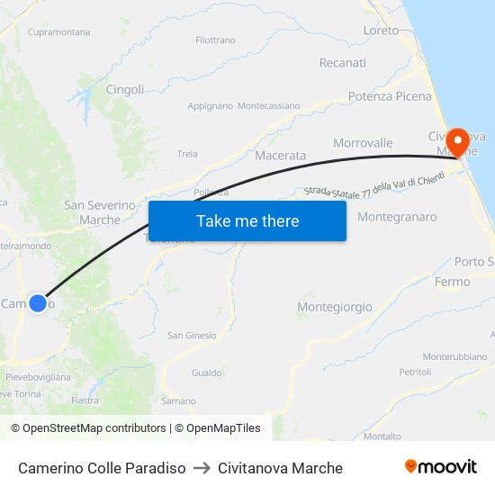 Camerino Colle Paradiso to Civitanova Marche map