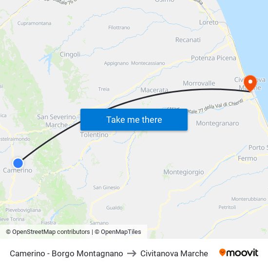 Camerino - Borgo Montagnano to Civitanova Marche map