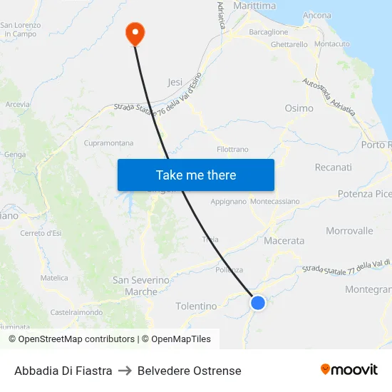 Abbadia Di Fiastra to Belvedere Ostrense map