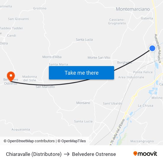 Chiaravalle (Distributore) to Belvedere Ostrense map