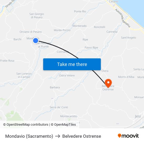 Mondavio (Sacramento) to Belvedere Ostrense map