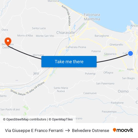 Via Giuseppe E Franco Ferranti to Belvedere Ostrense map