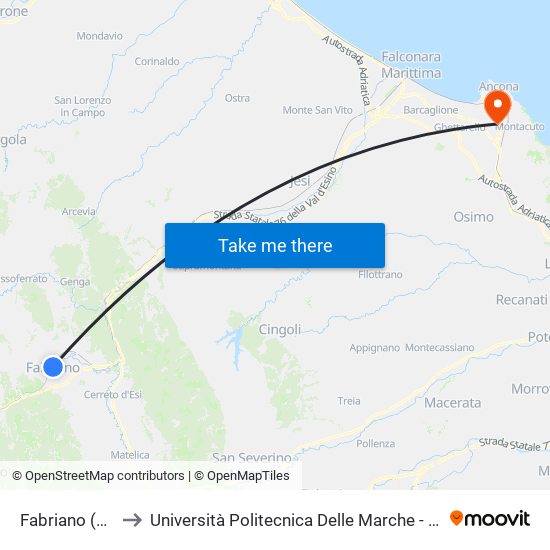Fabriano (Stazione F.S.) to Università Politecnica Delle Marche - Polo ""Alfredo Trifogli"" Monte Dago map