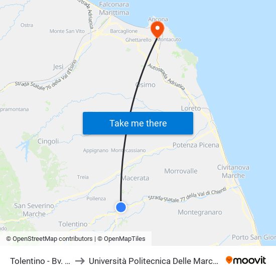 Tolentino - Bv. Colbuccaro (Sasp) to Università Politecnica Delle Marche - Polo ""Alfredo Trifogli"" Monte Dago map