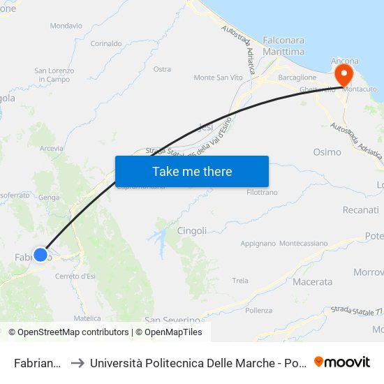 Fabriano - Stadio to Università Politecnica Delle Marche - Polo ""Alfredo Trifogli"" Monte Dago map