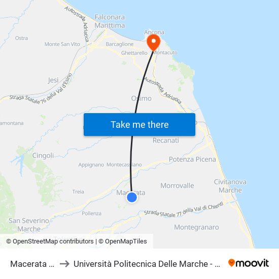 Macerata - Sferisterio to Università Politecnica Delle Marche - Polo ""Alfredo Trifogli"" Monte Dago map