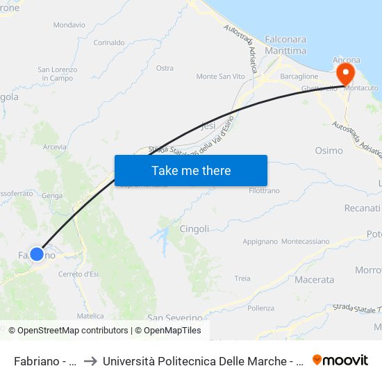 Fabriano  - Stazione F.S. to Università Politecnica Delle Marche - Polo ""Alfredo Trifogli"" Monte Dago map