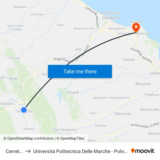 Cerreto D'Esi to Università Politecnica Delle Marche - Polo ""Alfredo Trifogli"" Monte Dago map