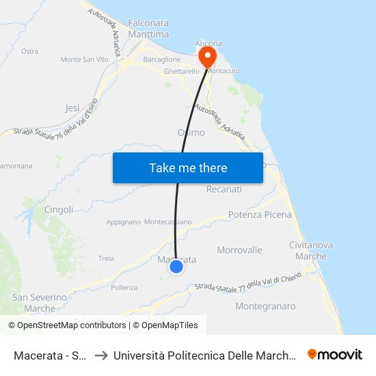 Macerata - Suore S.Giuseppe to Università Politecnica Delle Marche - Polo ""Alfredo Trifogli"" Monte Dago map