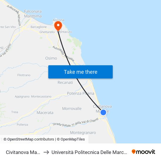 Civitanova Marche - Stazione F.S. to Università Politecnica Delle Marche - Polo ""Alfredo Trifogli"" Monte Dago map