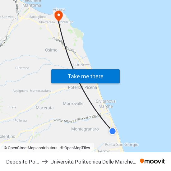 Deposito Porto Sant'Elpidio to Università Politecnica Delle Marche - Polo ""Alfredo Trifogli"" Monte Dago map