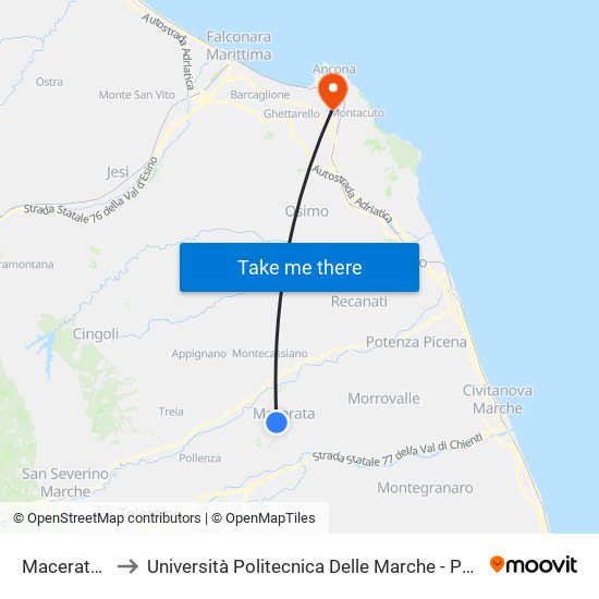 Macerata Terminal to Università Politecnica Delle Marche - Polo ""Alfredo Trifogli"" Monte Dago map