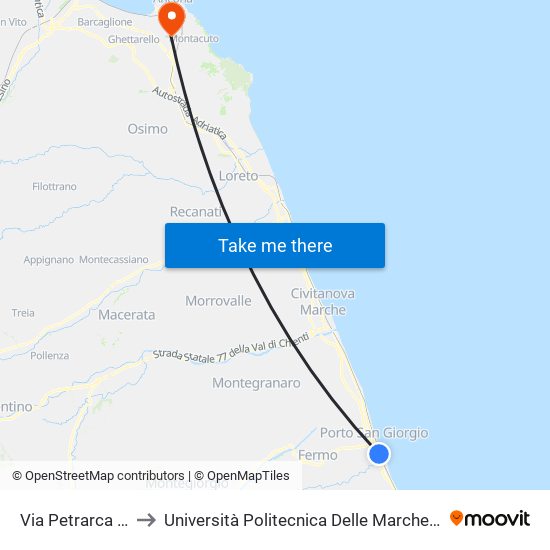 Via Petrarca Edicola Dir. Sud to Università Politecnica Delle Marche - Polo ""Alfredo Trifogli"" Monte Dago map