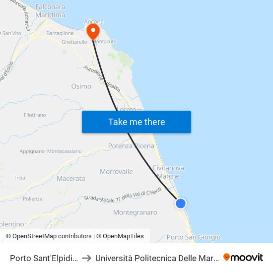 Porto Sant'Elpidio - Via San Giovanni Bo to Università Politecnica Delle Marche - Polo ""Alfredo Trifogli"" Monte Dago map