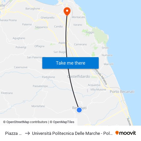 Piazza Leopardi to Università Politecnica Delle Marche - Polo ""Alfredo Trifogli"" Monte Dago map