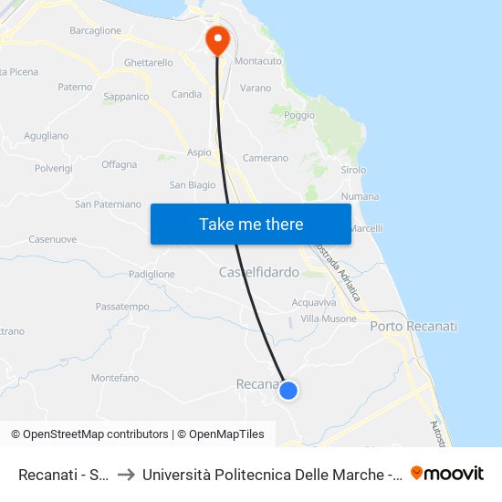 Recanati - Spaccio Fuselli to Università Politecnica Delle Marche - Polo ""Alfredo Trifogli"" Monte Dago map