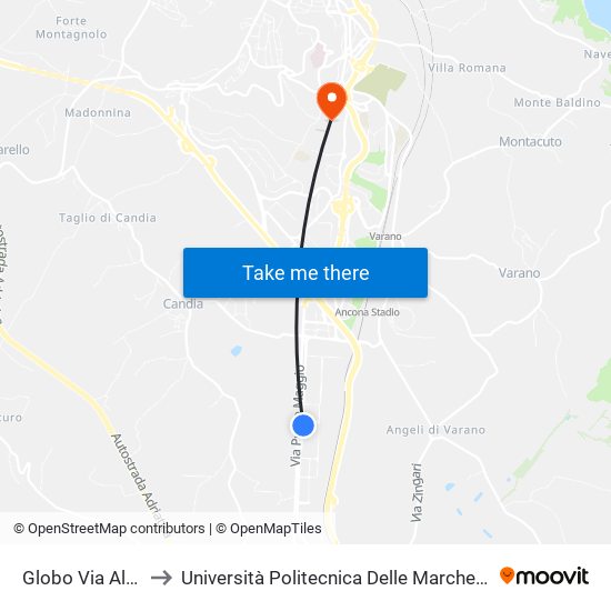 Globo Via Albertini (Varano) to Università Politecnica Delle Marche - Polo ""Alfredo Trifogli"" Monte Dago map