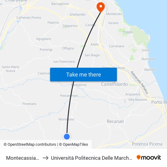 Montecassiano - Spaccio Sira to Università Politecnica Delle Marche - Polo ""Alfredo Trifogli"" Monte Dago map