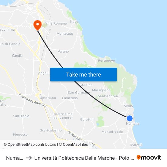 Numana - Iat to Università Politecnica Delle Marche - Polo ""Alfredo Trifogli"" Monte Dago map