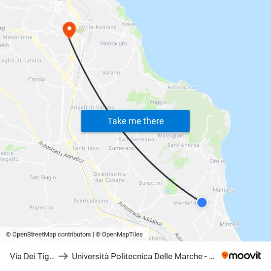 Via Dei Tigli - Castagni to Università Politecnica Delle Marche - Polo ""Alfredo Trifogli"" Monte Dago map