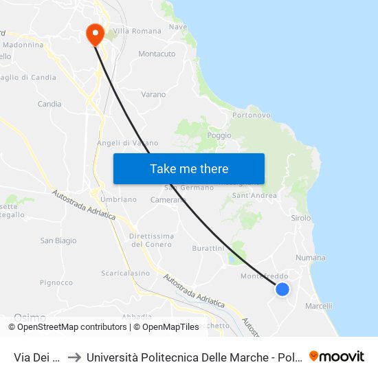 Via Dei Castagni to Università Politecnica Delle Marche - Polo ""Alfredo Trifogli"" Monte Dago map