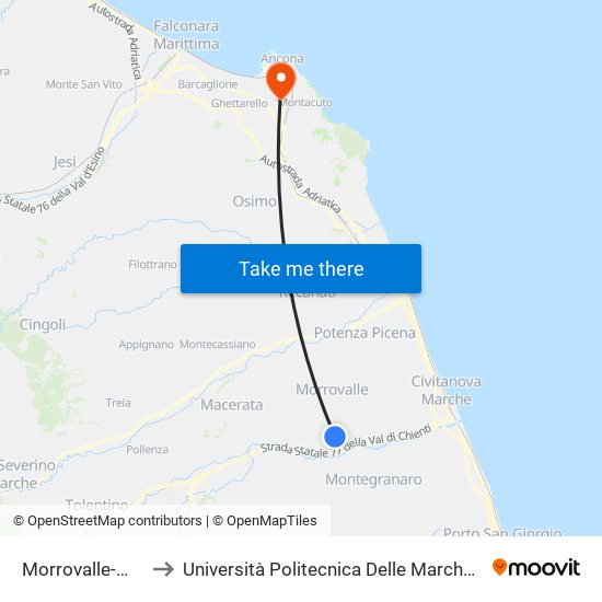 Morrovalle-Monte San Giusto to Università Politecnica Delle Marche - Polo ""Alfredo Trifogli"" Monte Dago map