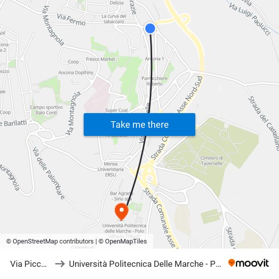 Via Picchi Tancredi to Università Politecnica Delle Marche - Polo ""Alfredo Trifogli"" Monte Dago map