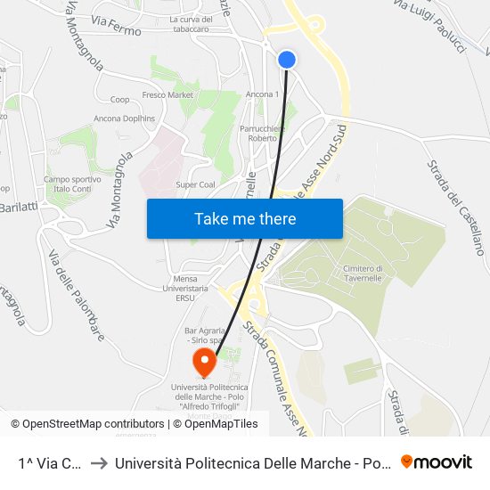 1^ Via Colleverde to Università Politecnica Delle Marche - Polo ""Alfredo Trifogli"" Monte Dago map