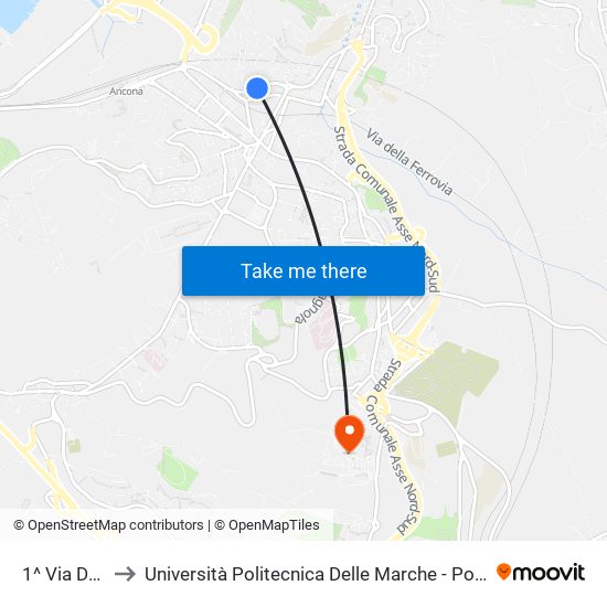 1^ Via De Gasperi to Università Politecnica Delle Marche - Polo ""Alfredo Trifogli"" Monte Dago map