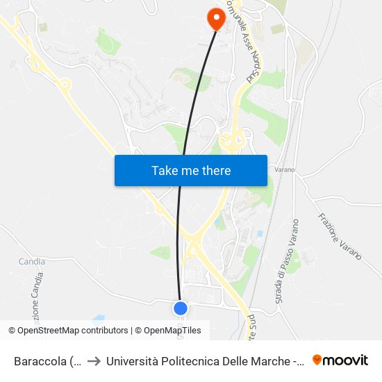 Baraccola (Bivio Candia) to Università Politecnica Delle Marche - Polo ""Alfredo Trifogli"" Monte Dago map