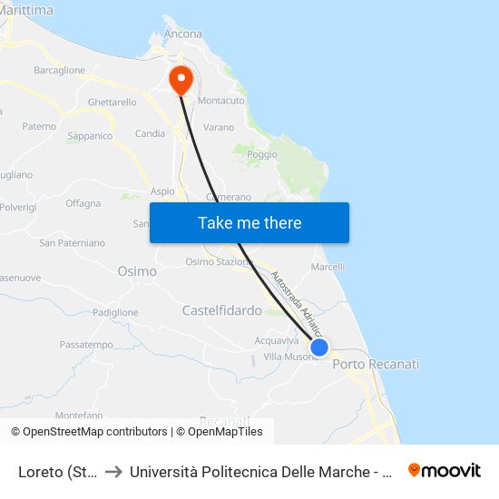 Loreto (Stazione F.S.) to Università Politecnica Delle Marche - Polo ""Alfredo Trifogli"" Monte Dago map