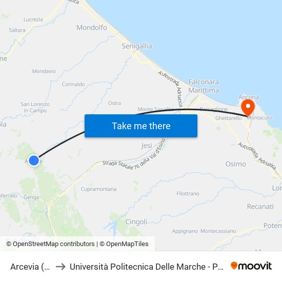 Arcevia  (Ospedale) to Università Politecnica Delle Marche - Polo ""Alfredo Trifogli"" Monte Dago map