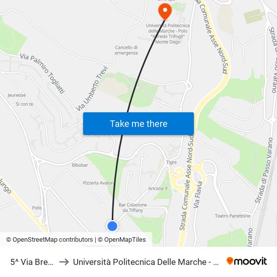 5^ Via Brecce Bianche to Università Politecnica Delle Marche - Polo ""Alfredo Trifogli"" Monte Dago map