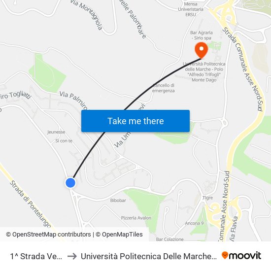 1^ Strada Vecchia Pinocchio to Università Politecnica Delle Marche - Polo ""Alfredo Trifogli"" Monte Dago map