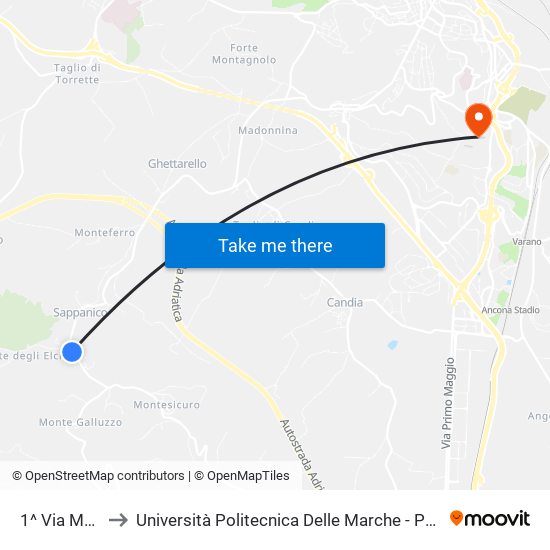 1^ Via Montesicuro to Università Politecnica Delle Marche - Polo ""Alfredo Trifogli"" Monte Dago map