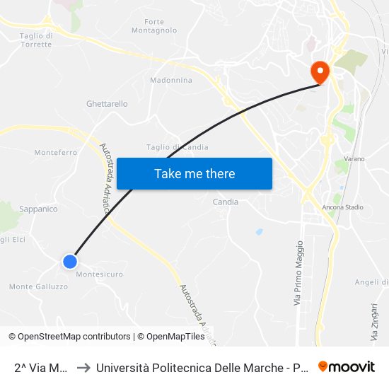 2^ Via Montesicuro to Università Politecnica Delle Marche - Polo ""Alfredo Trifogli"" Monte Dago map