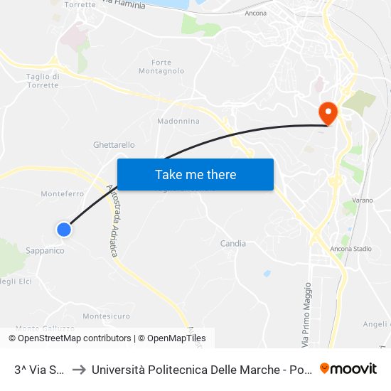 3^ Via Sappanico to Università Politecnica Delle Marche - Polo ""Alfredo Trifogli"" Monte Dago map