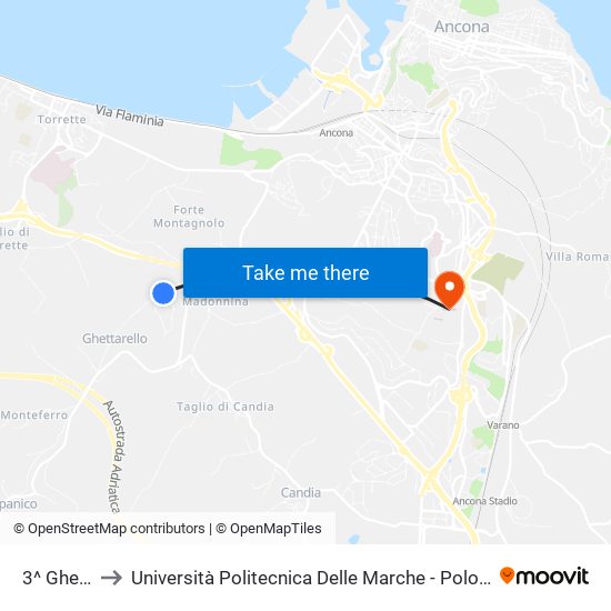 3^ Ghettarello to Università Politecnica Delle Marche - Polo ""Alfredo Trifogli"" Monte Dago map