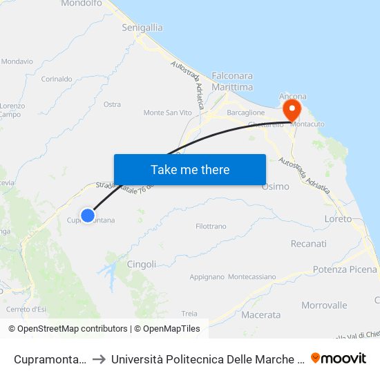 Cupramontana (Crocifisso) to Università Politecnica Delle Marche - Polo ""Alfredo Trifogli"" Monte Dago map