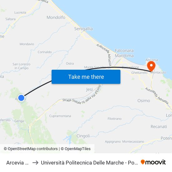 Arcevia  (Merloni). to Università Politecnica Delle Marche - Polo ""Alfredo Trifogli"" Monte Dago map