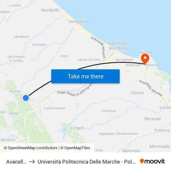 Avacelli (Bivio) to Università Politecnica Delle Marche - Polo ""Alfredo Trifogli"" Monte Dago map