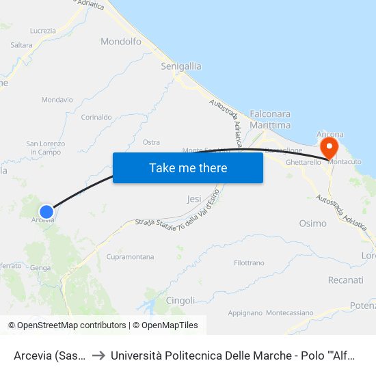 Arcevia (Sassocupo). to Università Politecnica Delle Marche - Polo ""Alfredo Trifogli"" Monte Dago map